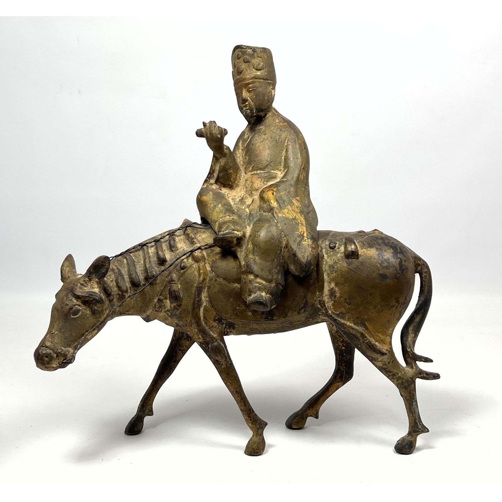 Japan Gilt Metal Figural Sculpture. Man riding horse or donkey. Marked Japan. (1 of 10)