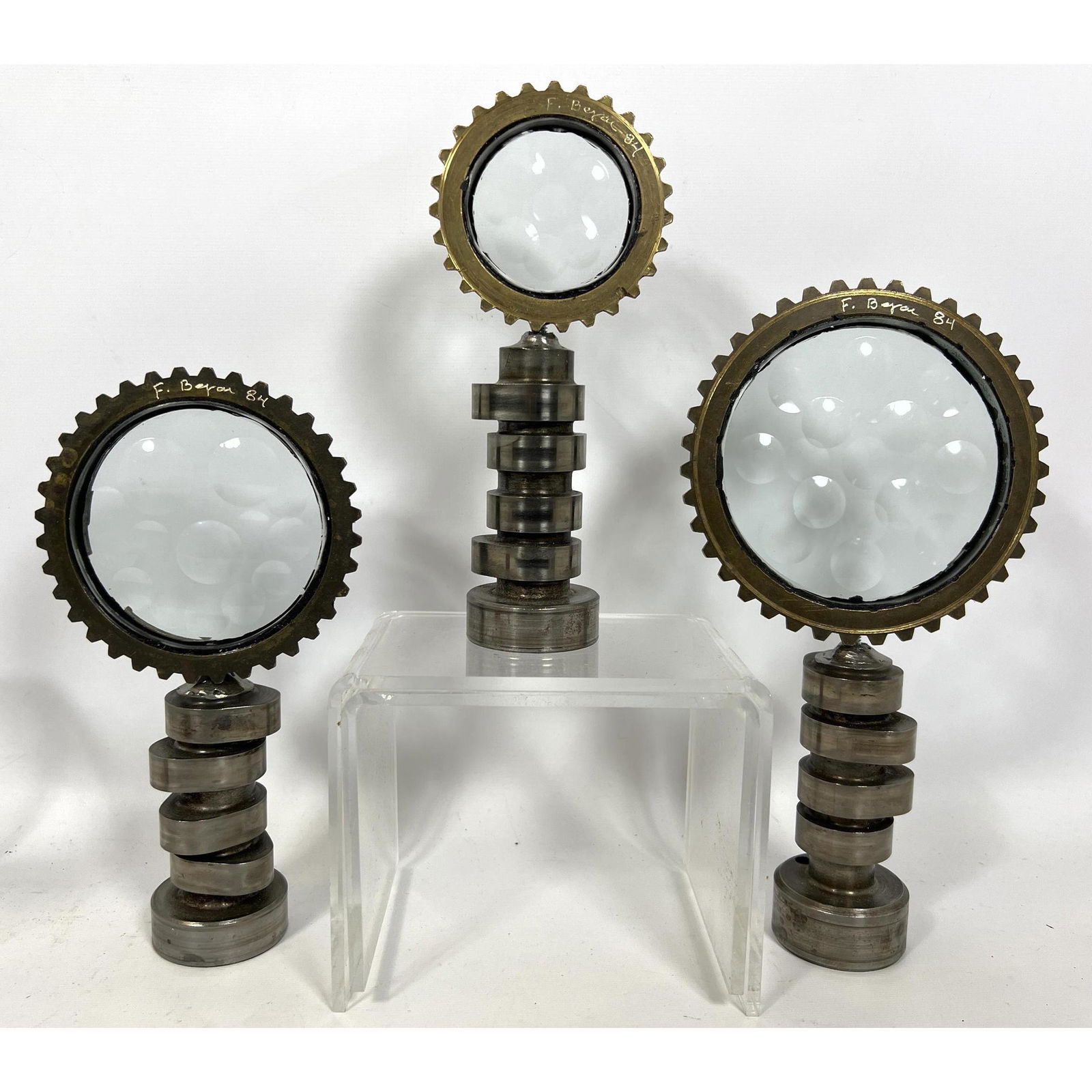 Set 3 Miniature Industrial Magiscope Sculptures. Dimpled glass panels. Industrial bases. (1 of 8)