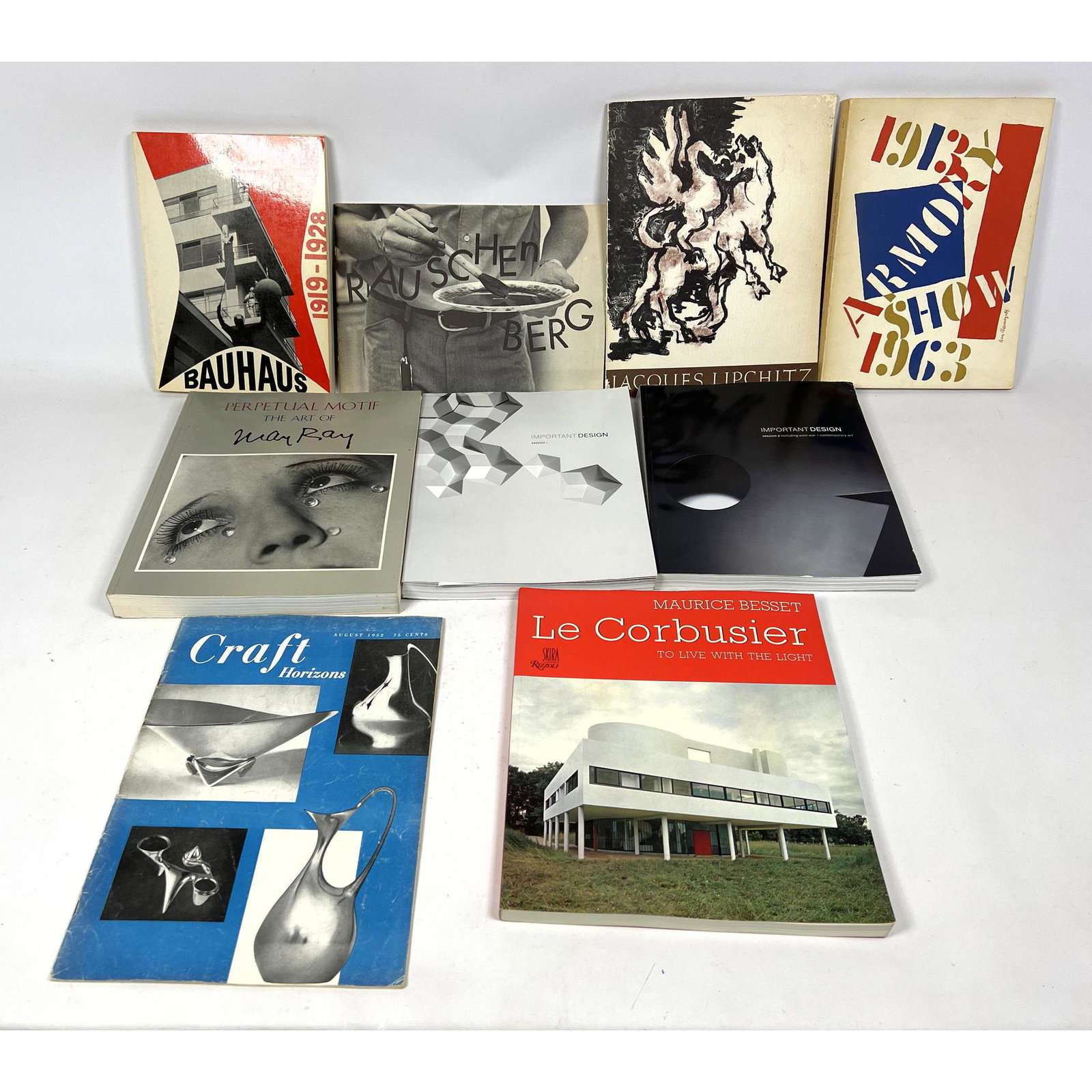 Mid Century Modern Collection Art Books Pamphlets. BAUHAUS 1919-1928. JACQUES LIPCHITZ. RAUSCHENBER: Mid Century Modern Collection Art Books Pamphlets. BAUHAUS 1919-1928. JACQUES LIPCHITZ. RAUSCHENBERG. 1963 Armory Show. MAN RAY. LE CORBUSIER, etc --- US Shipping charge: $35 Plus insurance at a rate