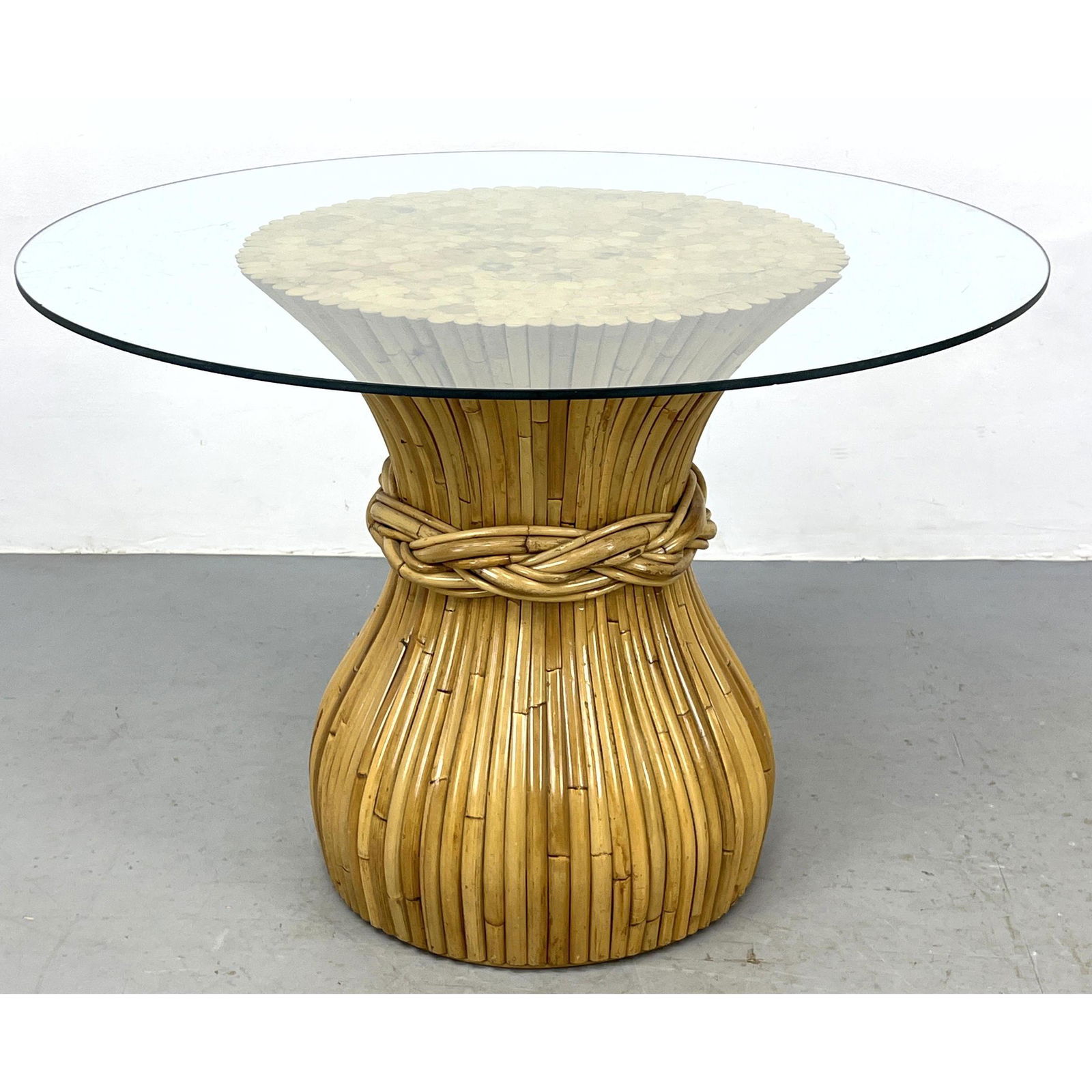 Corseted Banded Rattan and Bamboo Dining Table. Round Glass Top. (1 of 7)