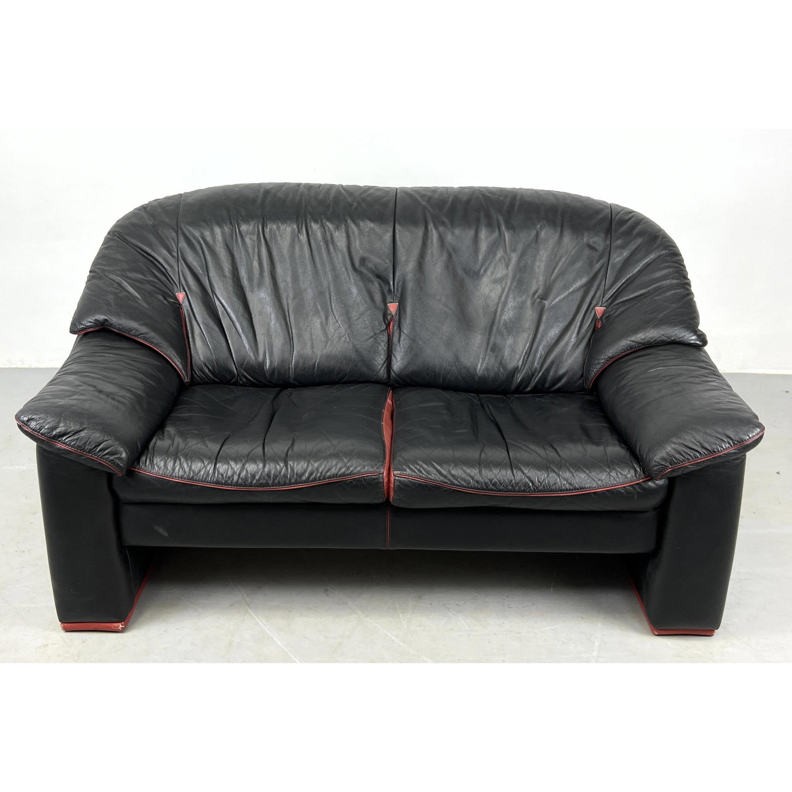 Post modern black, leather, Italian settee love seat with red trim (1 of 8)