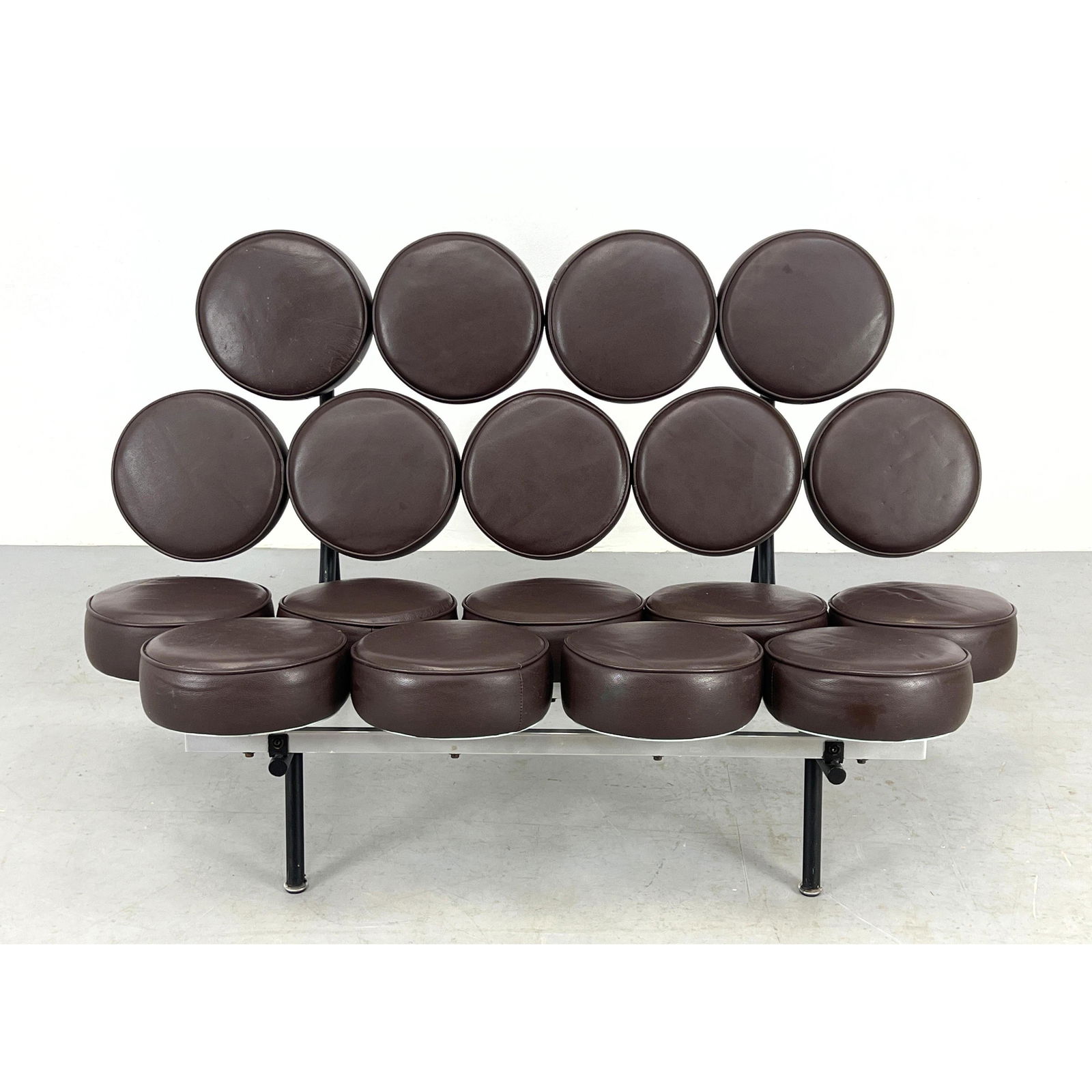 Brown Cushion Marshmallow style Love Seat. Modernist Sofa. Black Metal Tube Frame. Unsigned. (1 of 11)