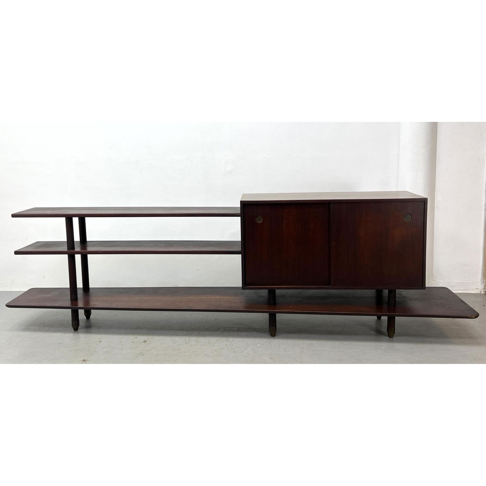 Custom 10.5' American Modern Walnut Cabinet Shelf Unit. Horizontal frame. Sliding Door Cabinet above (1 of 20)