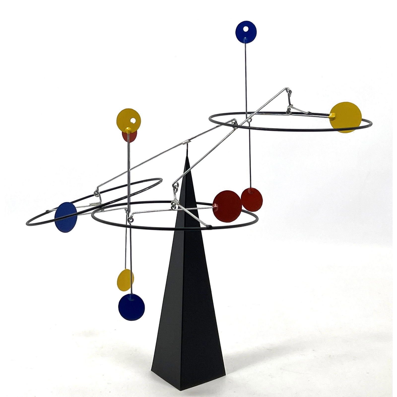 Intricate Contemporary Kinetic Mobile Stabile Sculpture. Metal pyramid base. Three wire hoops with m (1 of 7)