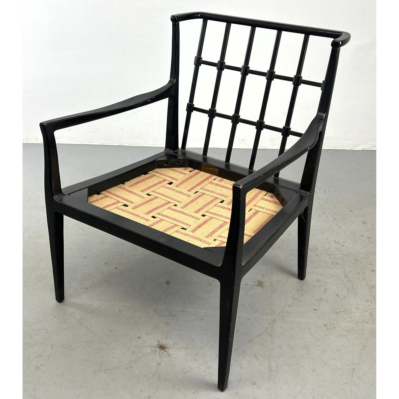 Ebonized Wood Arm Chair. Open Arm Frame. Mullion design Back. Loose seat and back cushions.: Ebonized Wood Arm Chair. Open Arm Frame. Mullion design Back. Loose seat and back cushions. Dimensions: H: 33 inches: W: 25 inches: D: 27 inches - Seat Height: 17.5 inches --- Delivery Offer: Uniques 