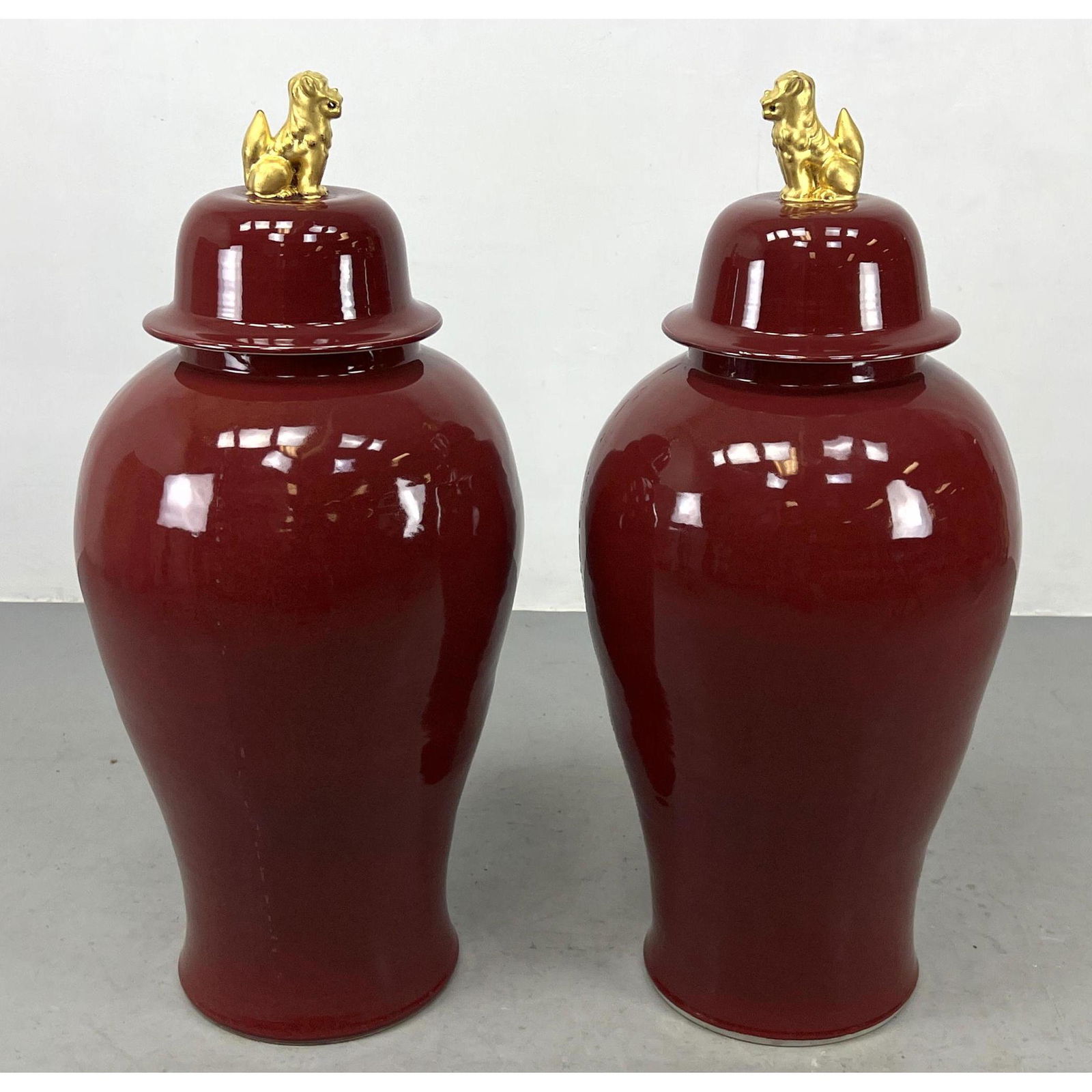 Pr Large 46" Tall Glazed Porcelain Ginger Jars. Gold Foo Dog Finials. (1 of 8)