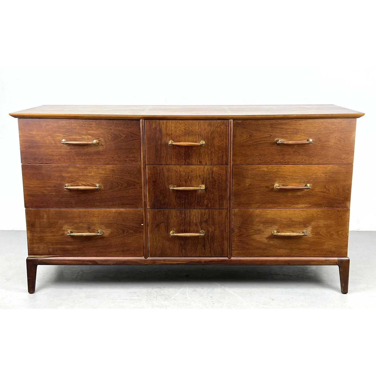 American Modern Walnut Dresser Credenza. Raised on Feet. Metal Pulls. (1 of 9)
