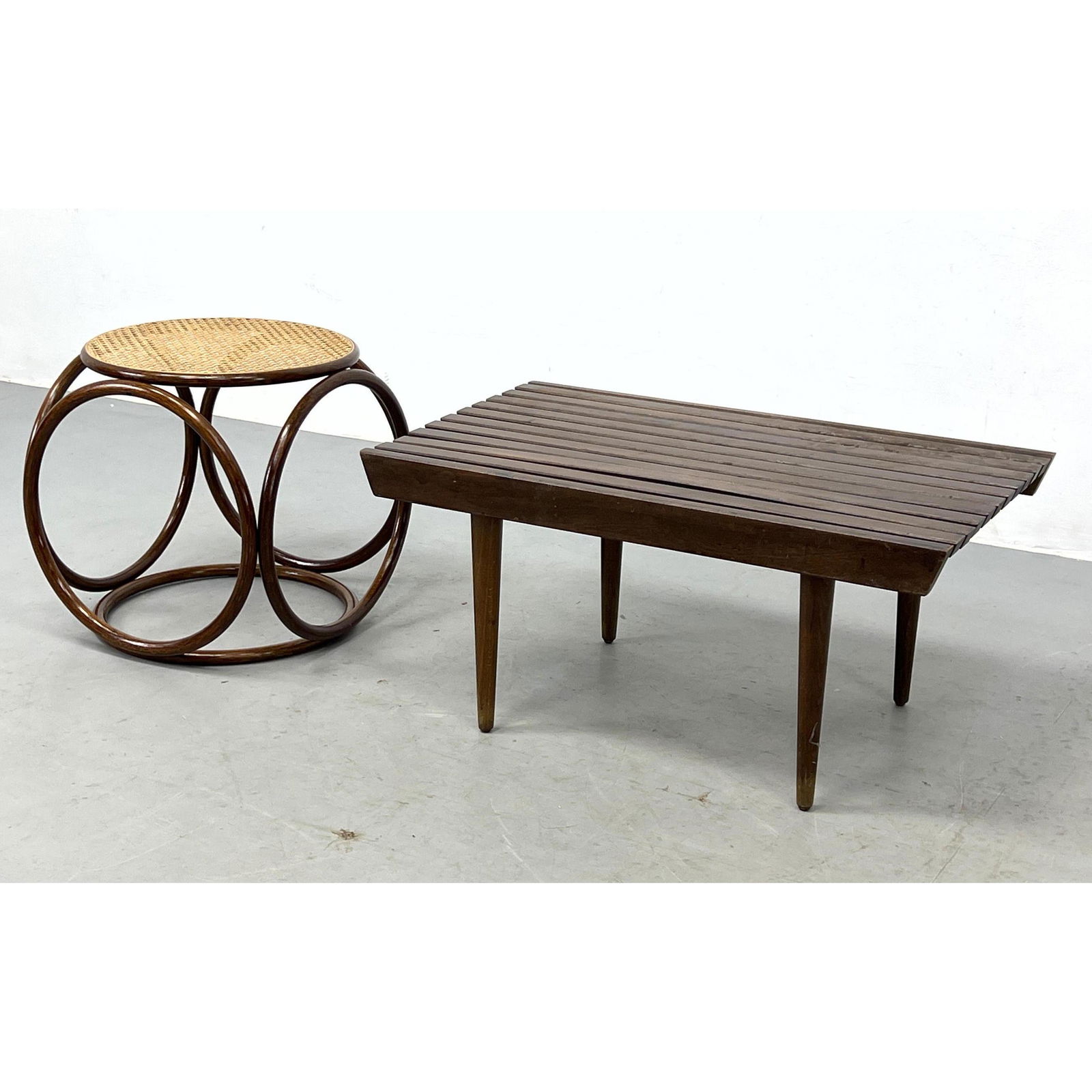 2pcs Mid Century Modern Bentwood Cane Stool, Small Slat Bench (1 of 10)