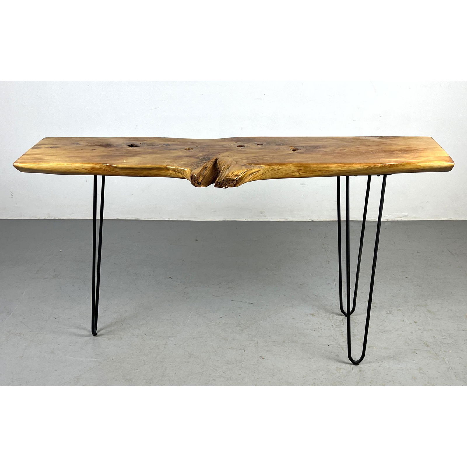 Live Edge Wood Slab Hall Console Table. Trio of Hairpin Iron Legs. (1 of 10)
