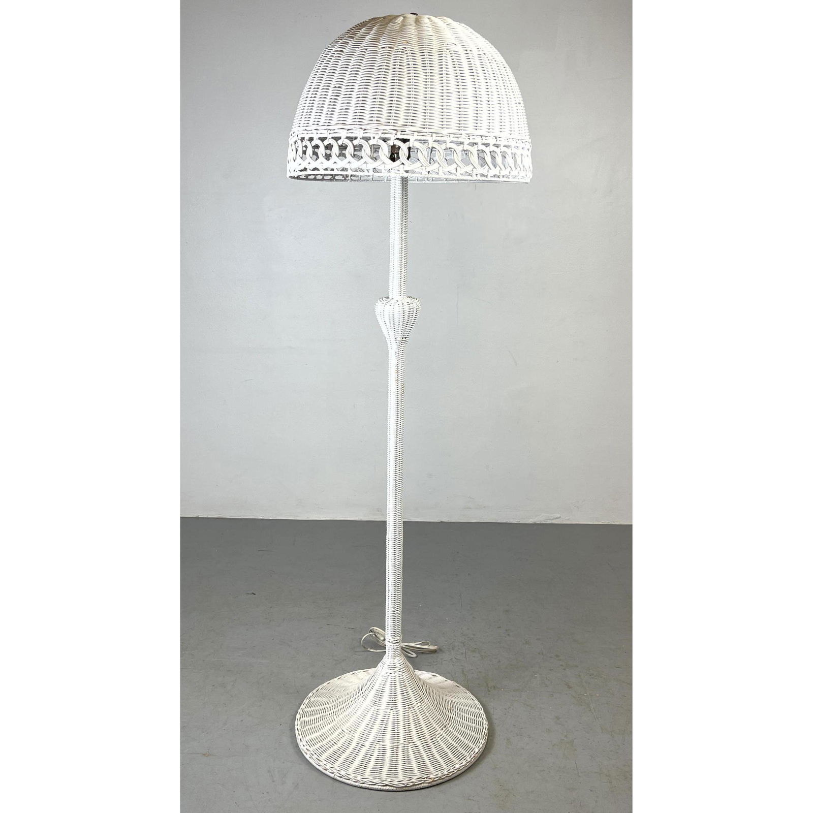 Vintage White Painted Wicker Floor Lamp. Domed Woven Shade with Loop Trim. (1 of 10)
