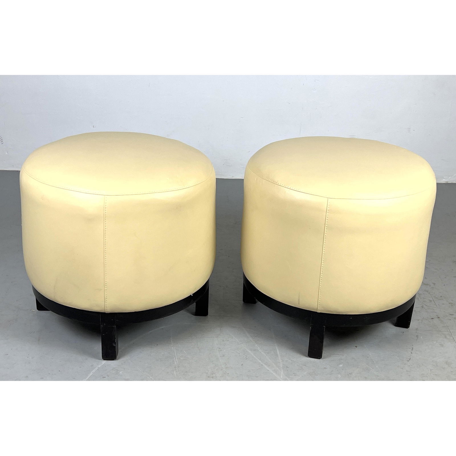 Pr LILY JACK Upholstered Drum Form Stools Ottoman. Wood Bases and Legs. Label. (1 of 9)
