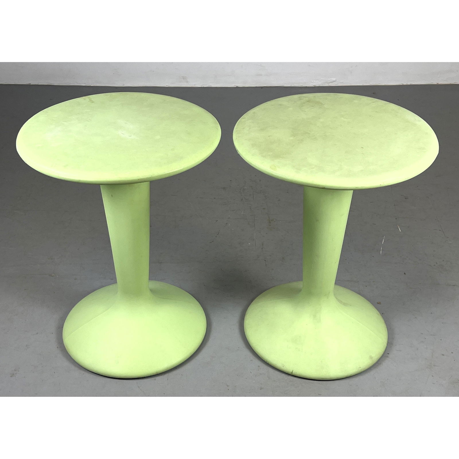 2pc Turnstone Molded Plastic Side Tables. Light green plastic pedestal tables (1 of 8)