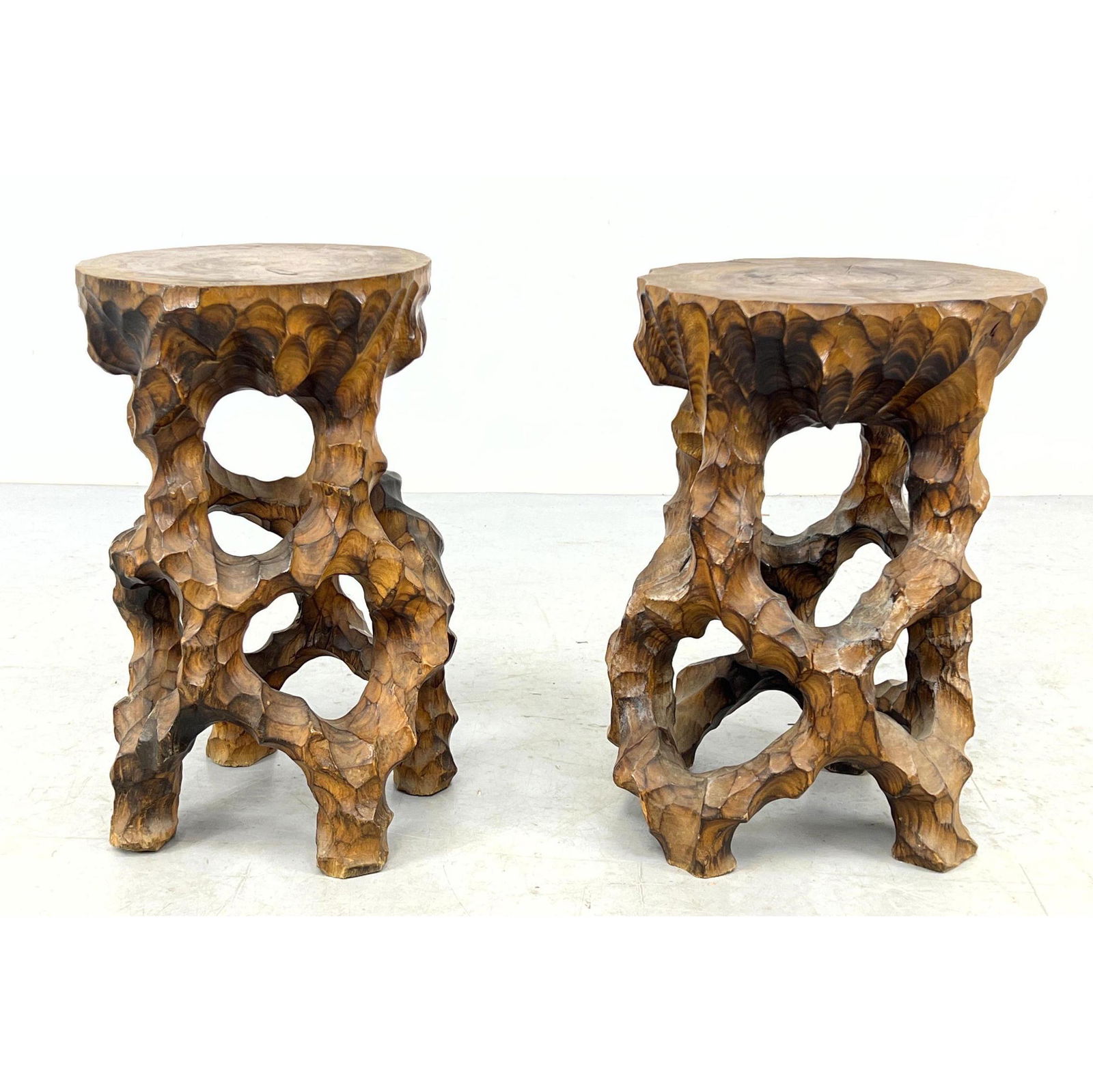 Pr Organic Chip carved Side Tables. Each carved from Tree Trunk. (1 of 9)