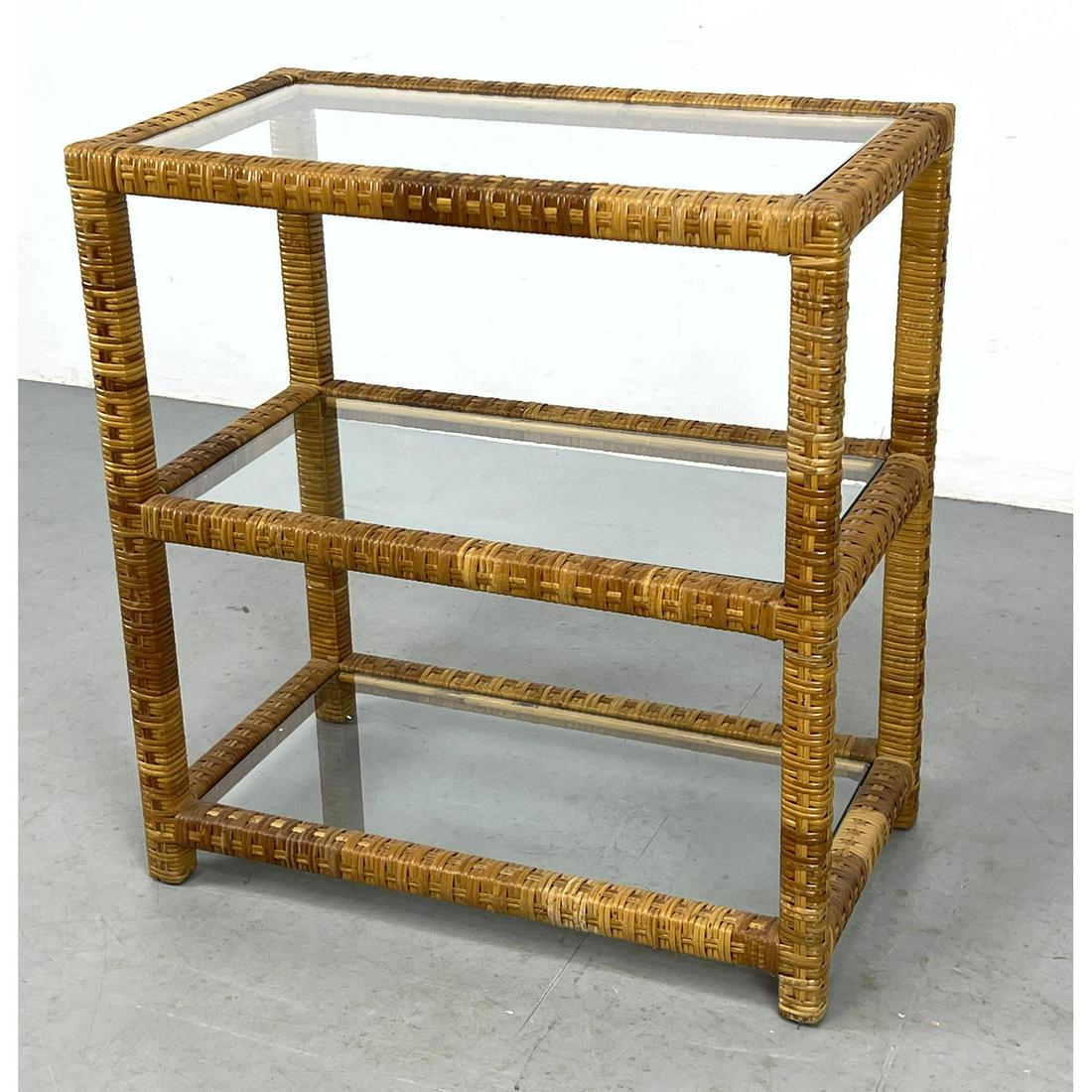 Small Modernist Rattan and Glass Shelf. Three glass levels. (1 of 6)