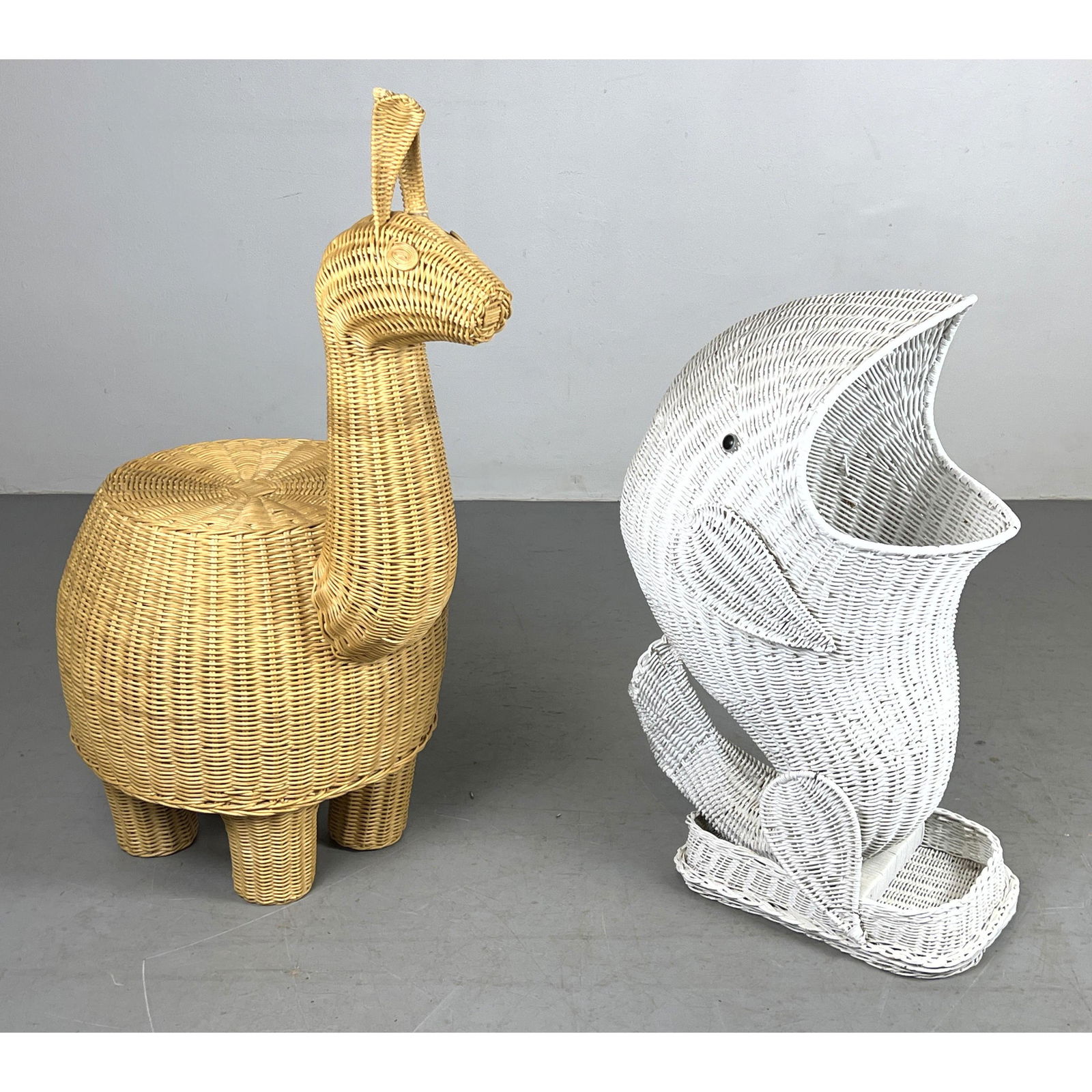 2pc Woven Wicker Figural Animal Sculptures. 1) Dolphin Hamper for Child's Room. 2) Llama with Long N (1 of 12)