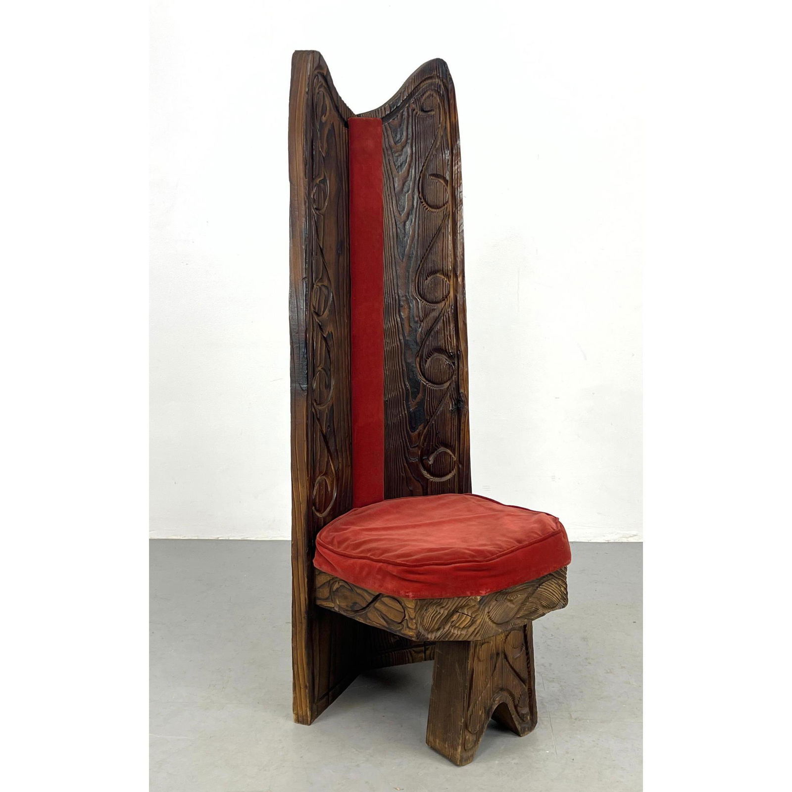 Witco Carved Wood Tall Back Chair. Red Fabric Seat And Trim Detail