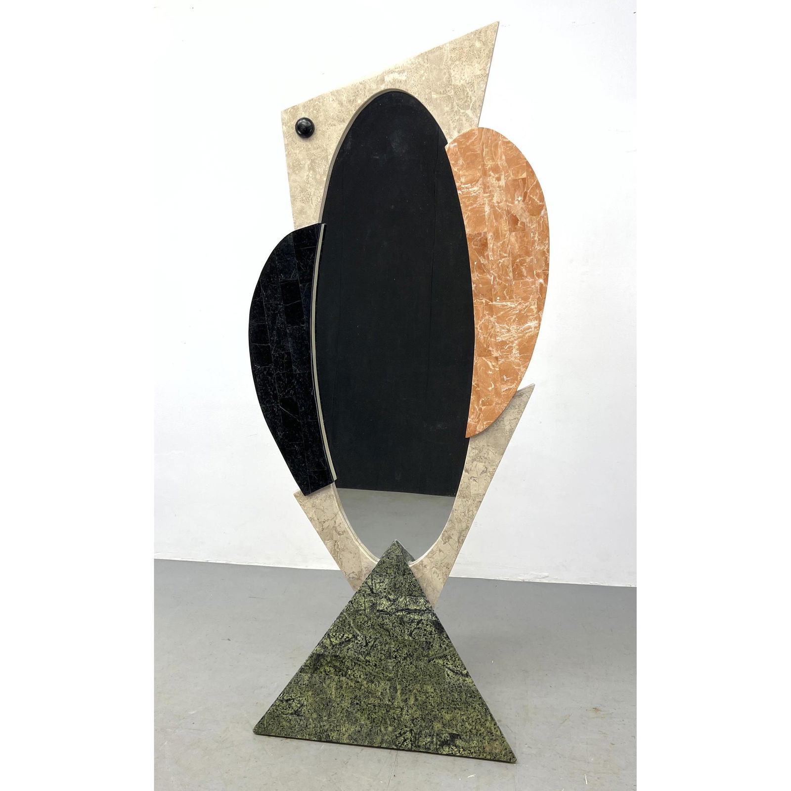 Modernist Colored Stone and Marble Cheval Mirror. Marble tiled pyramid base. (1 of 8)