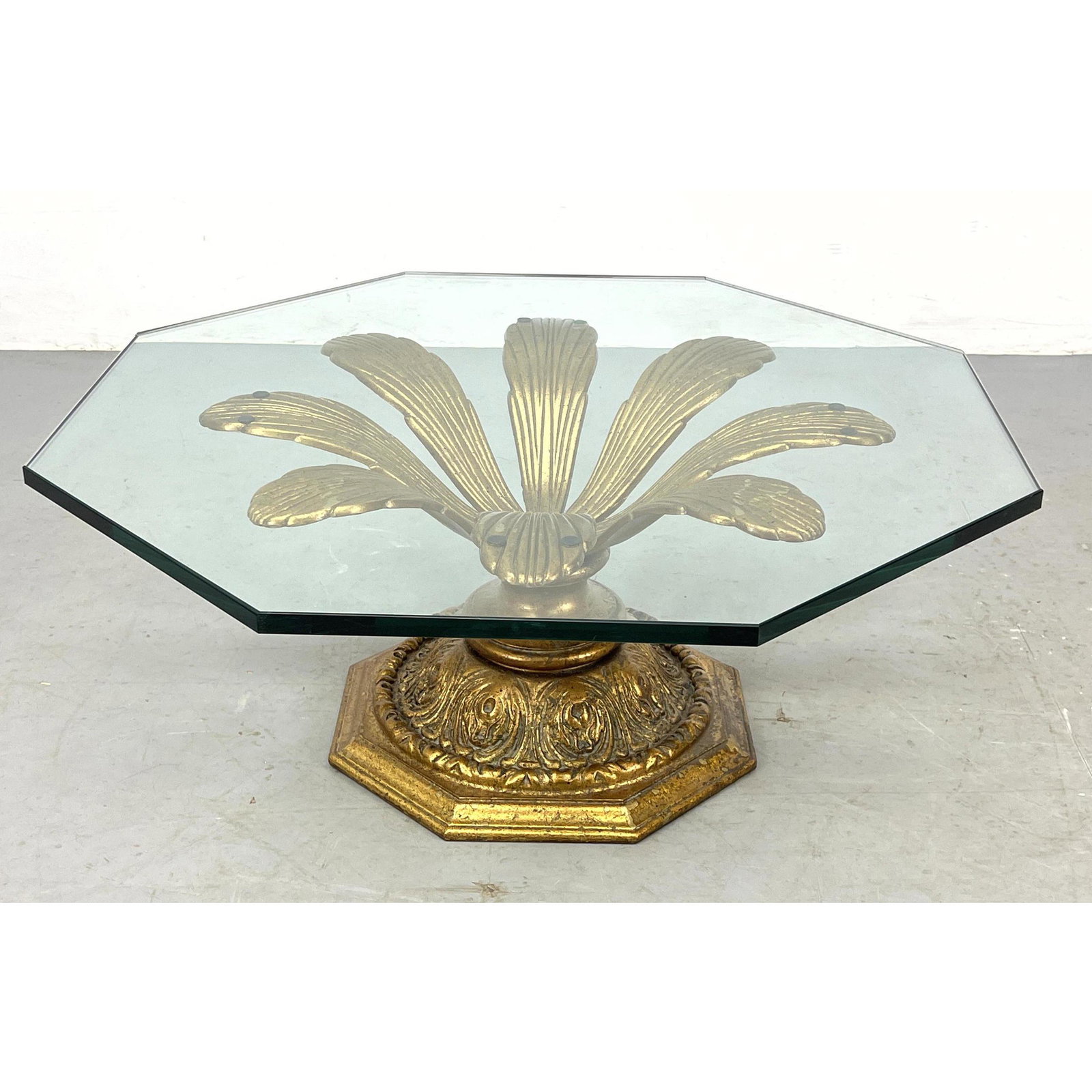 Fancy Gilt Glass Top Coffee Table. Octagonal base supports petal form arms. Octagonal glass top. (1 of 8)