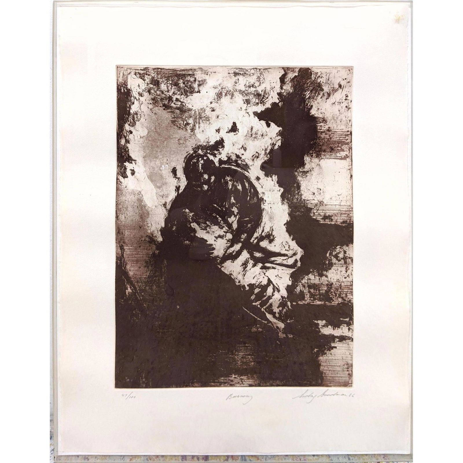 Signed Sydney Goodman Large Figural Print. Modernist. Titled "Burning". Pencil signed and dated 86. (1 of 14)