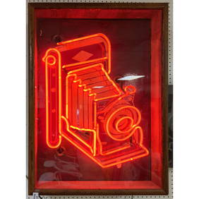 Neon Sign Red Old Time CAMERA In Oak case. Bellows style camera. Printed background has losses. From (1 of 9)