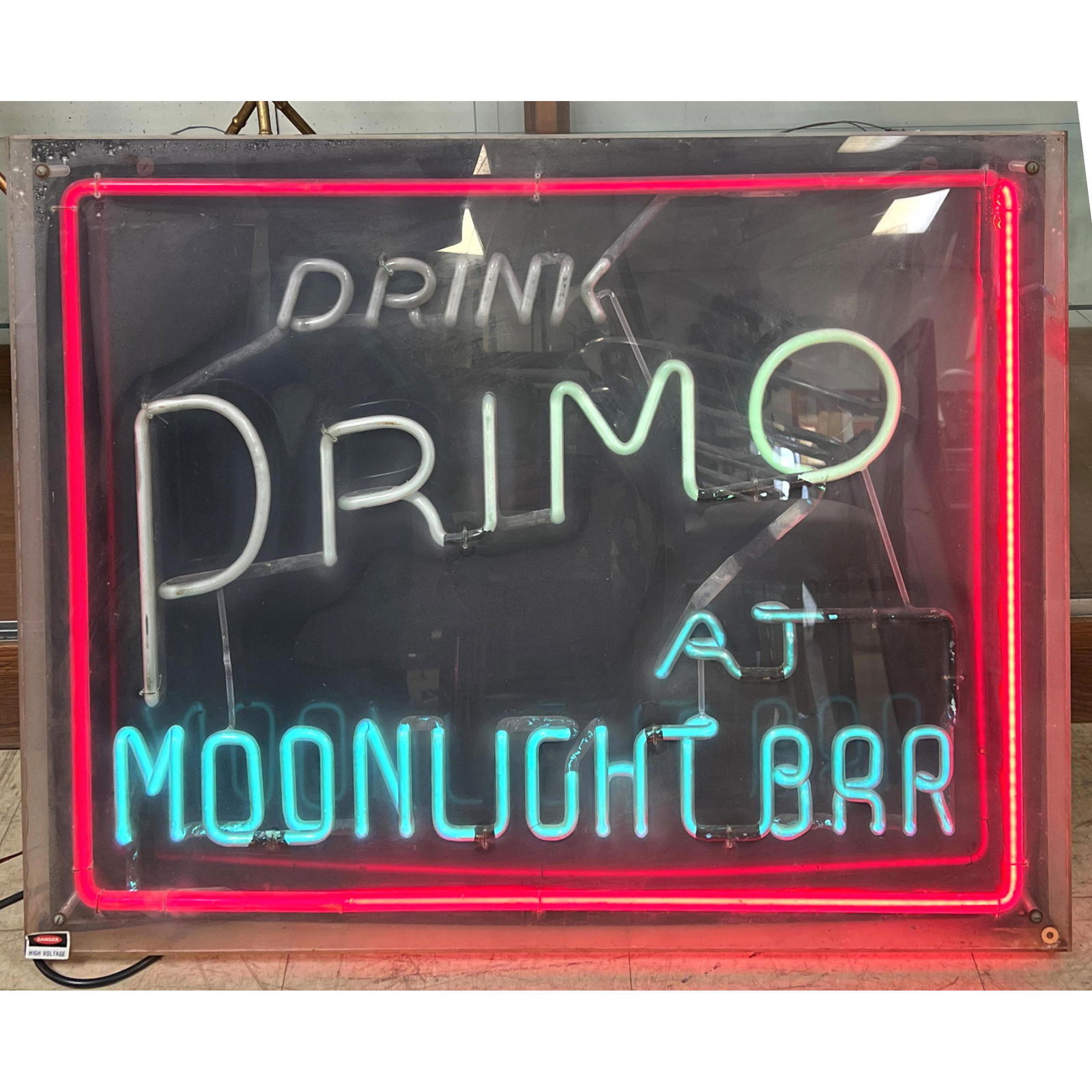 Vintage Neon Bar Sign. "Drink PRIMO at MOONLIGHT BAR". Red Neon Frame. From The Personal Collection (1 of 9)