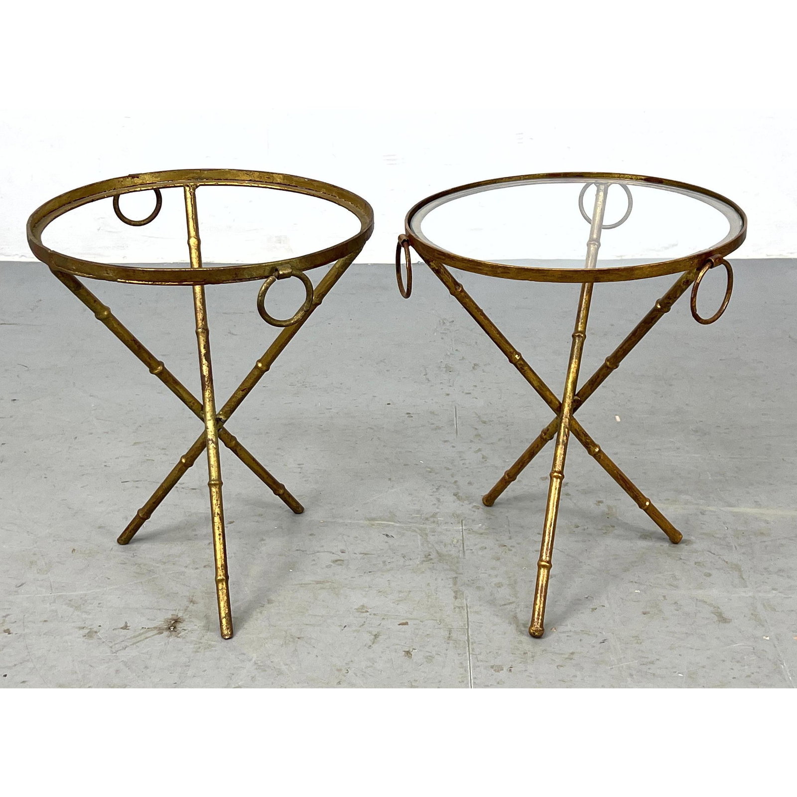 Pr Jean Michel Frank Gilt Style Metal Round Faux Bamboo Side Tabouret Tables. Crossed Tripod Bases. (1 of 6)