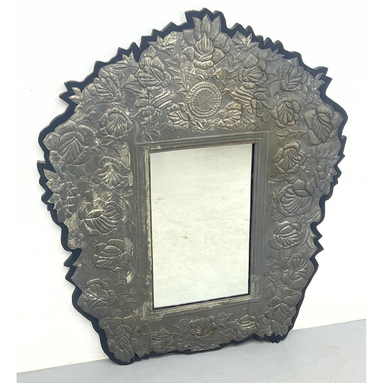 Tooled Embossed metal framed Wall Mirror. Floral design. European style. (1 of 9)