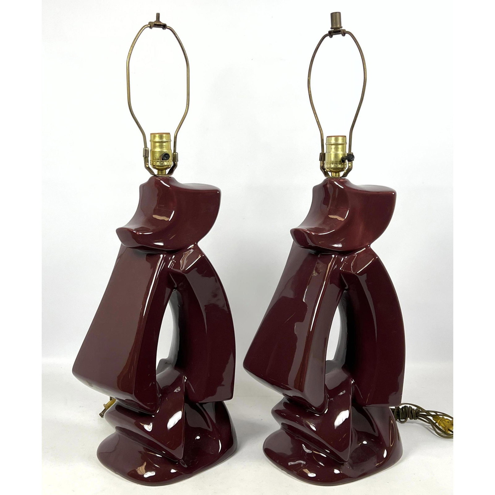 Pr Burgundy Glazed Decorative Modernist Table Lamps. (1 of 9)