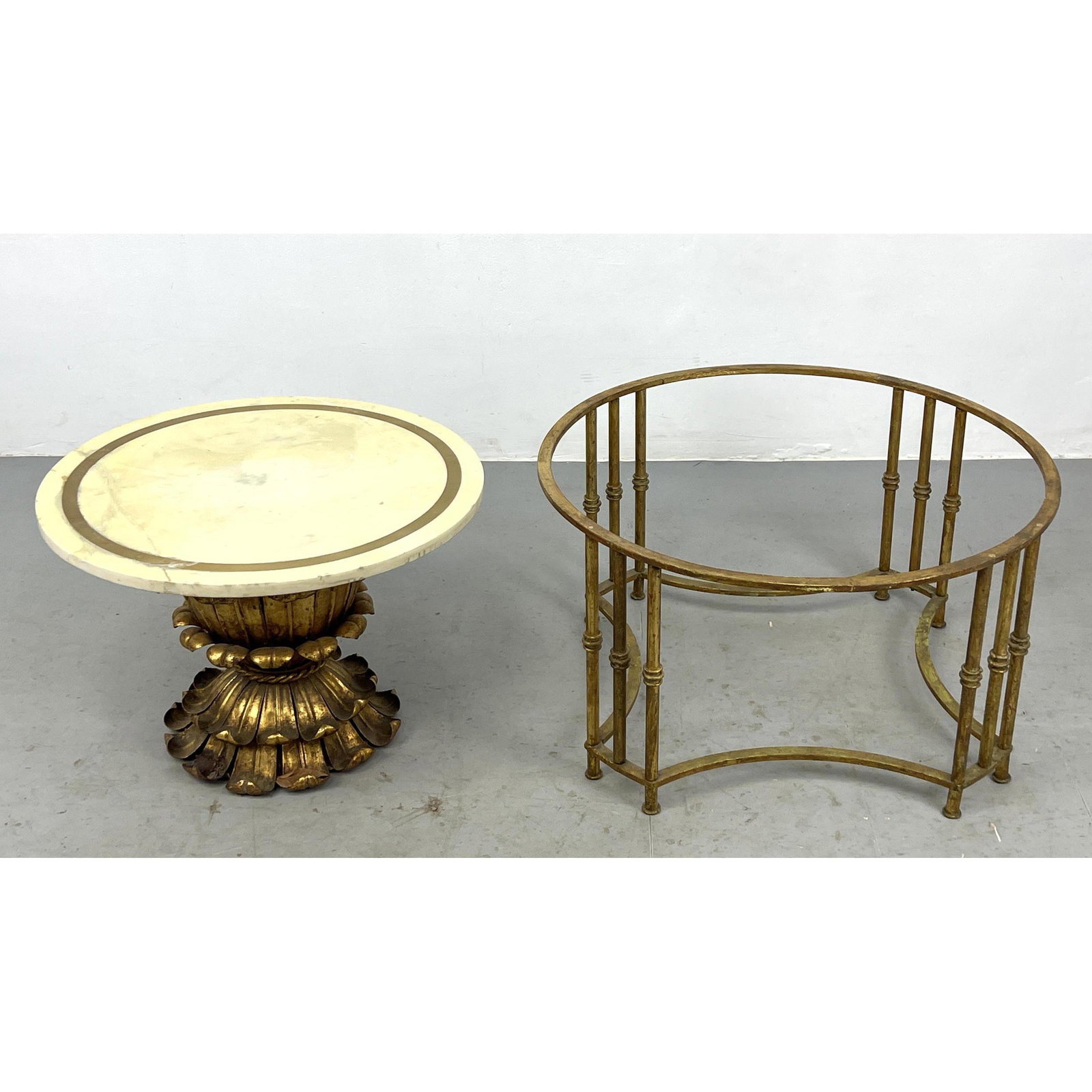 2pc Niccolini gold leaf wrought iron round marble table. Signed. Gilt metal table with no top. (1 of 11)