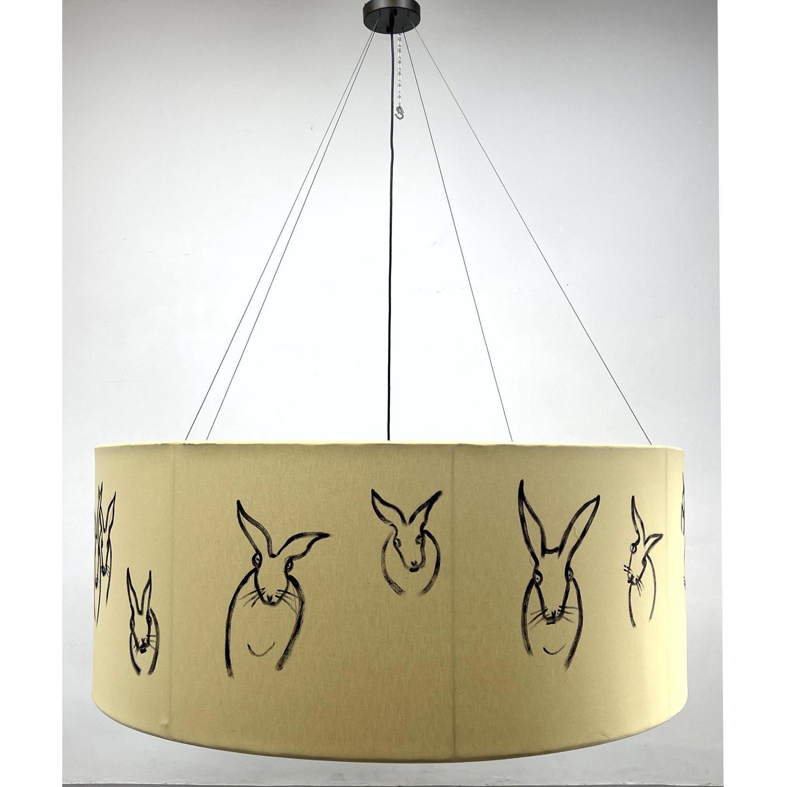 Oversized Pendant Chandelier Lamp. Large round shade with hand painted rabbits.  Bunny shade. (1 of 13)