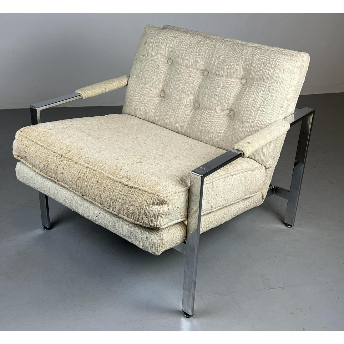 MILO BAUGHMAN Chrome Frame Lounge Chair. Flat Chrome Frame. Nubby Oatmeal Fabric. (1 of 10)