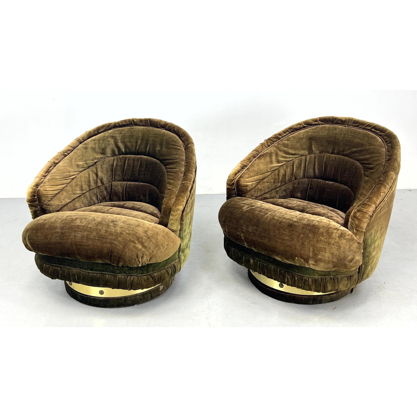 Pr Brown Upholstered Slouchy Lounge Chairs. . Overstuffed seats Studded Metal Band Trim.: Pr Brown Upholstered Slouchy Lounge Chairs. . Overstuffed seats Studded Metal Band Trim. Dimensions: H: 31 inches: W: 32 inches: D: 31 inches - Seat Height: 18 inches ---
