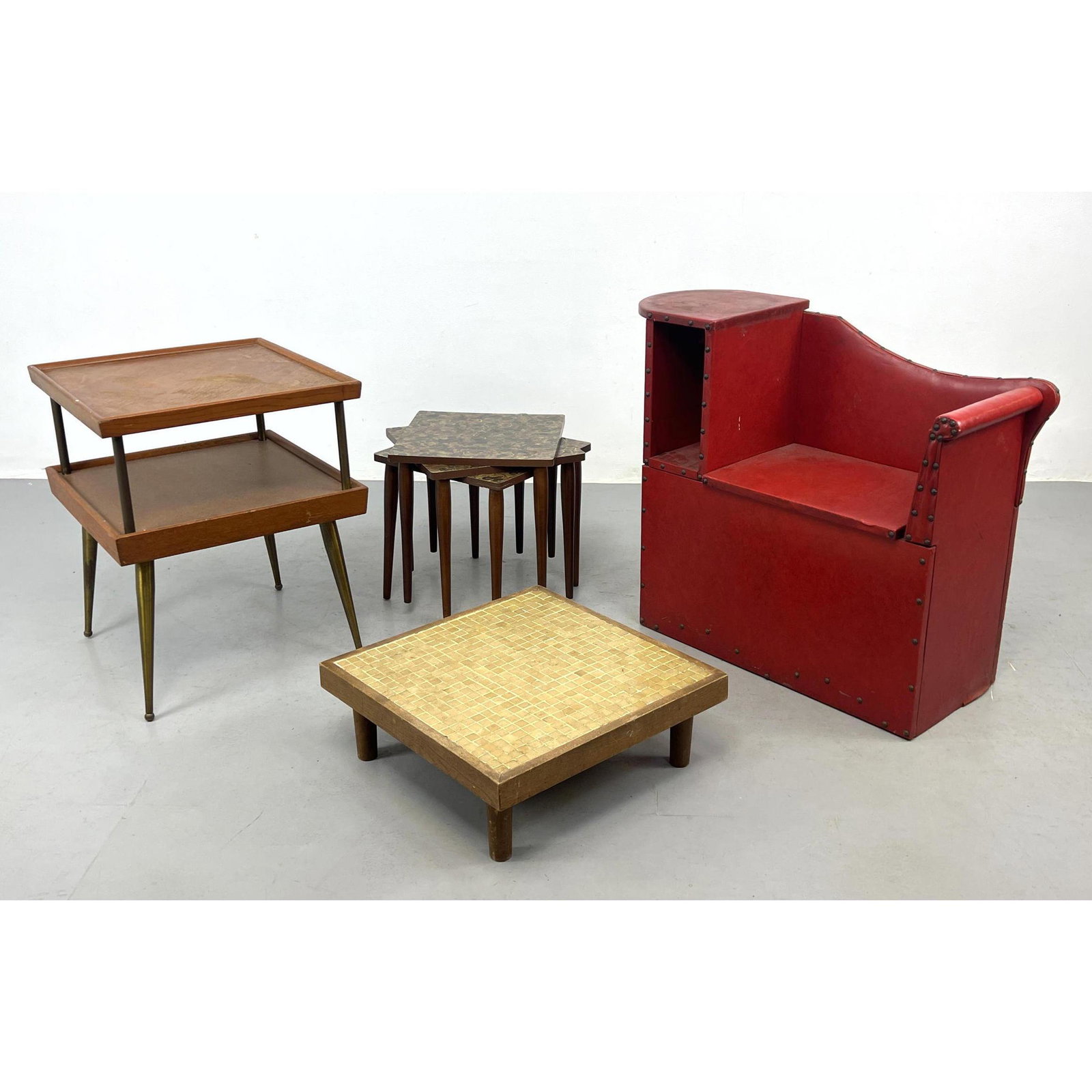 Mixed Modernist Furniture Lot. Vintage Red Vinyl Phone Table. Three Tortoise Finish Top Stacking Tab (1 of 20)