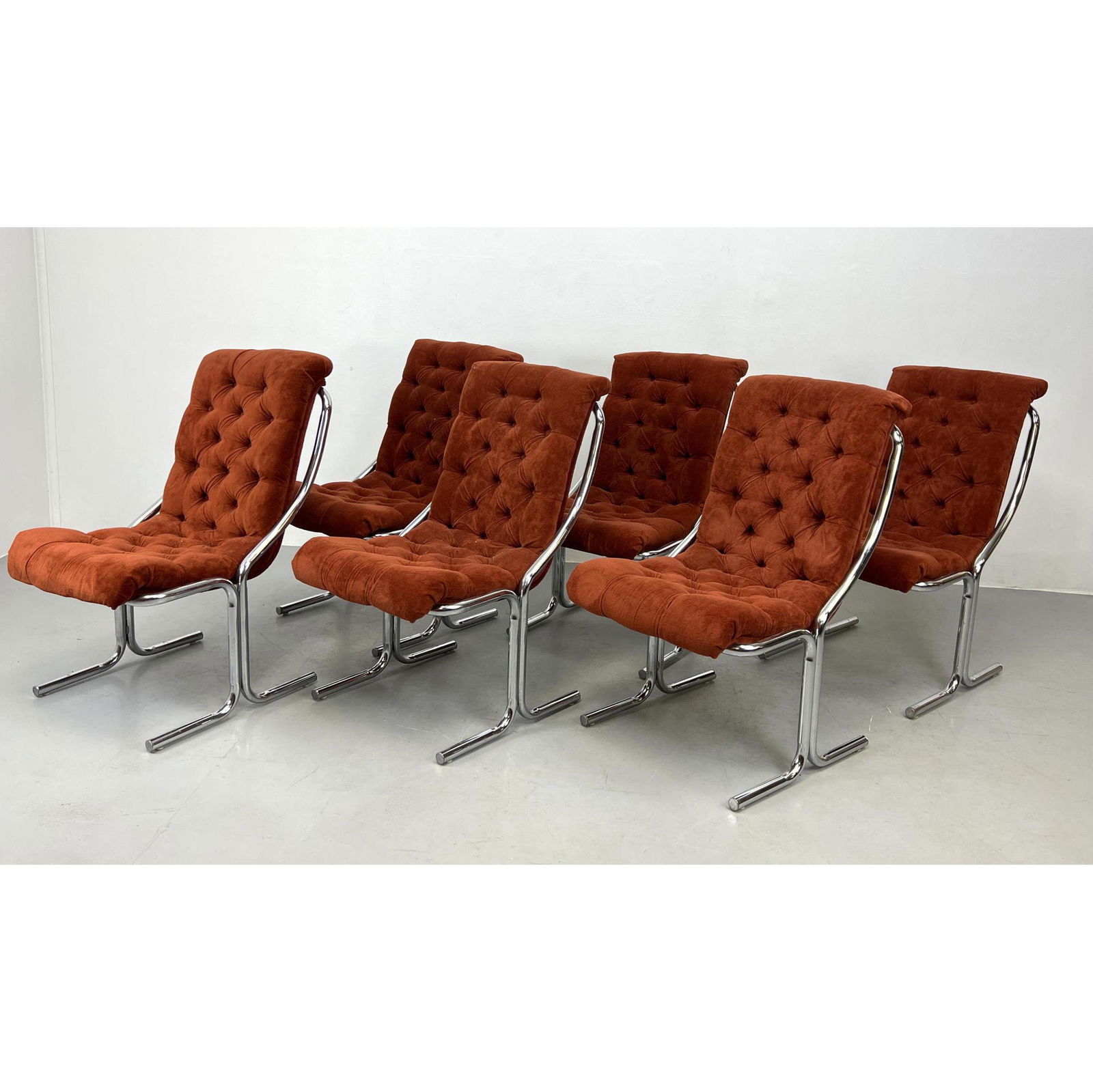 6pc Milo Baughman style Chrome Frame Dining Chairs. Chrome Tube Frames with Inverse T Base. Tufted R (1 of 8)