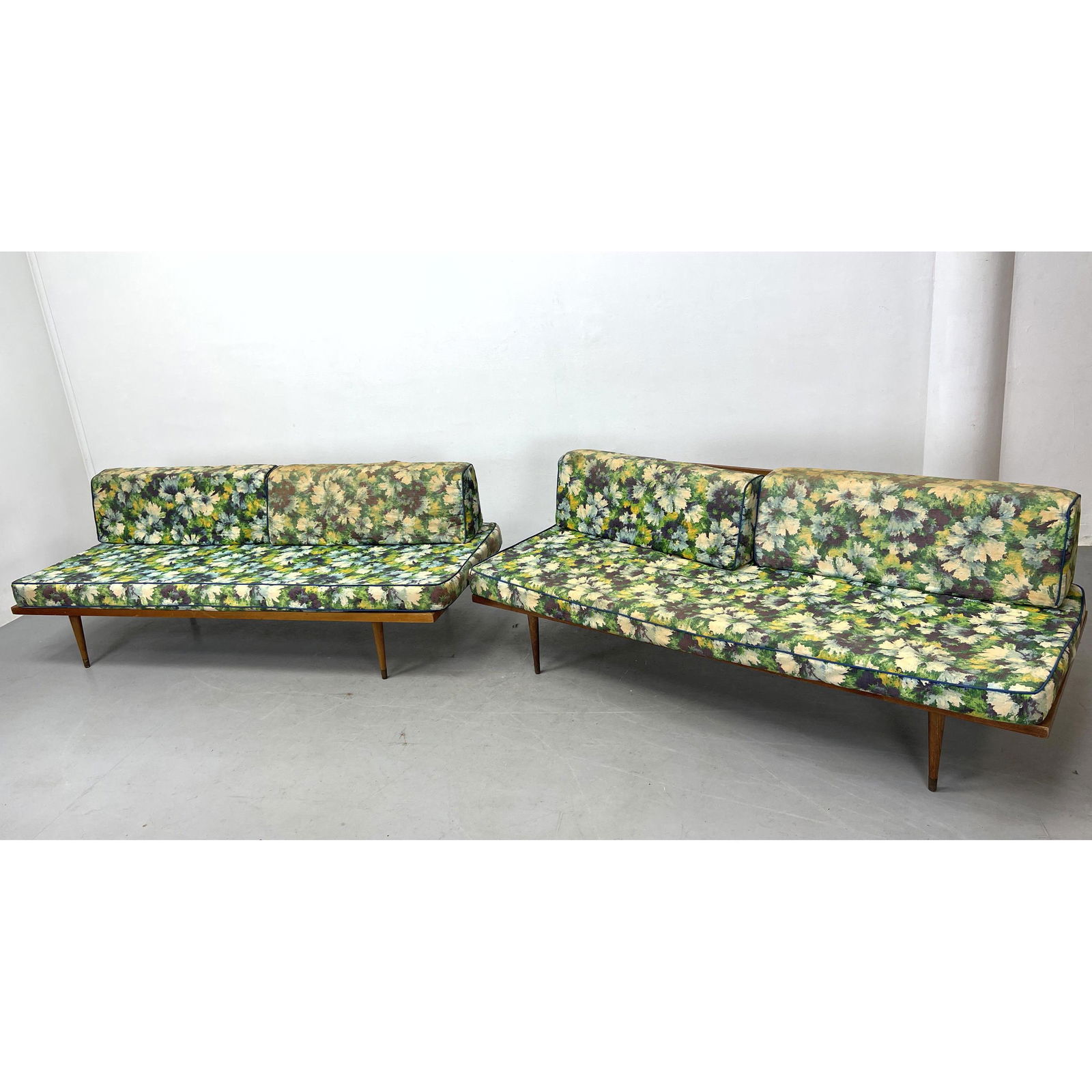 2pc Modernist wood frame Daybed Sofas. . Wood peg legs. Floral fabric. (1 of 12)