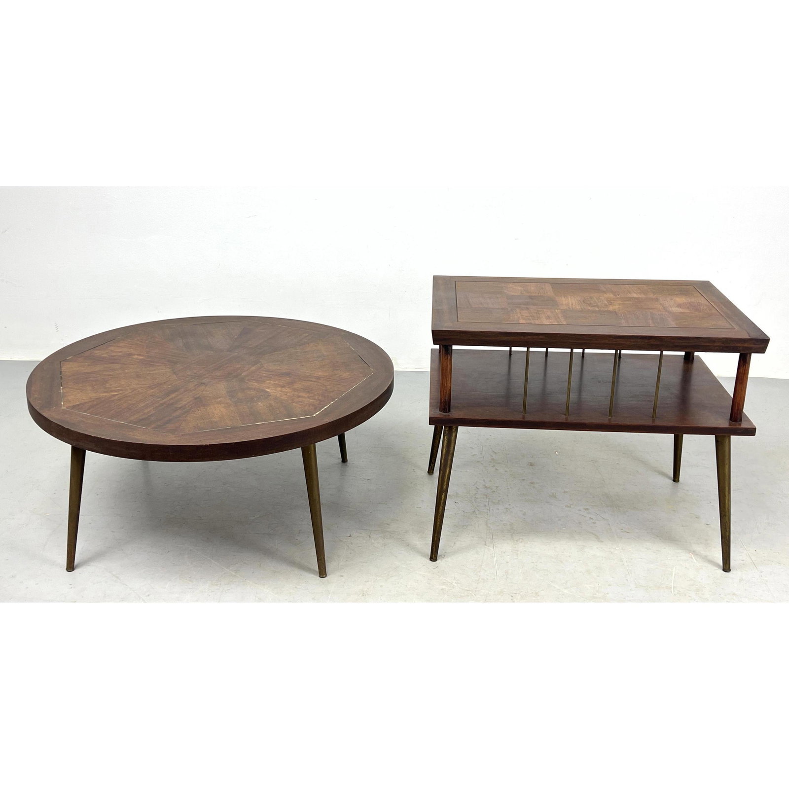2pc LANE American Modern Walnut Tables. Round. Two Tier. Both marked. (1 of 11)