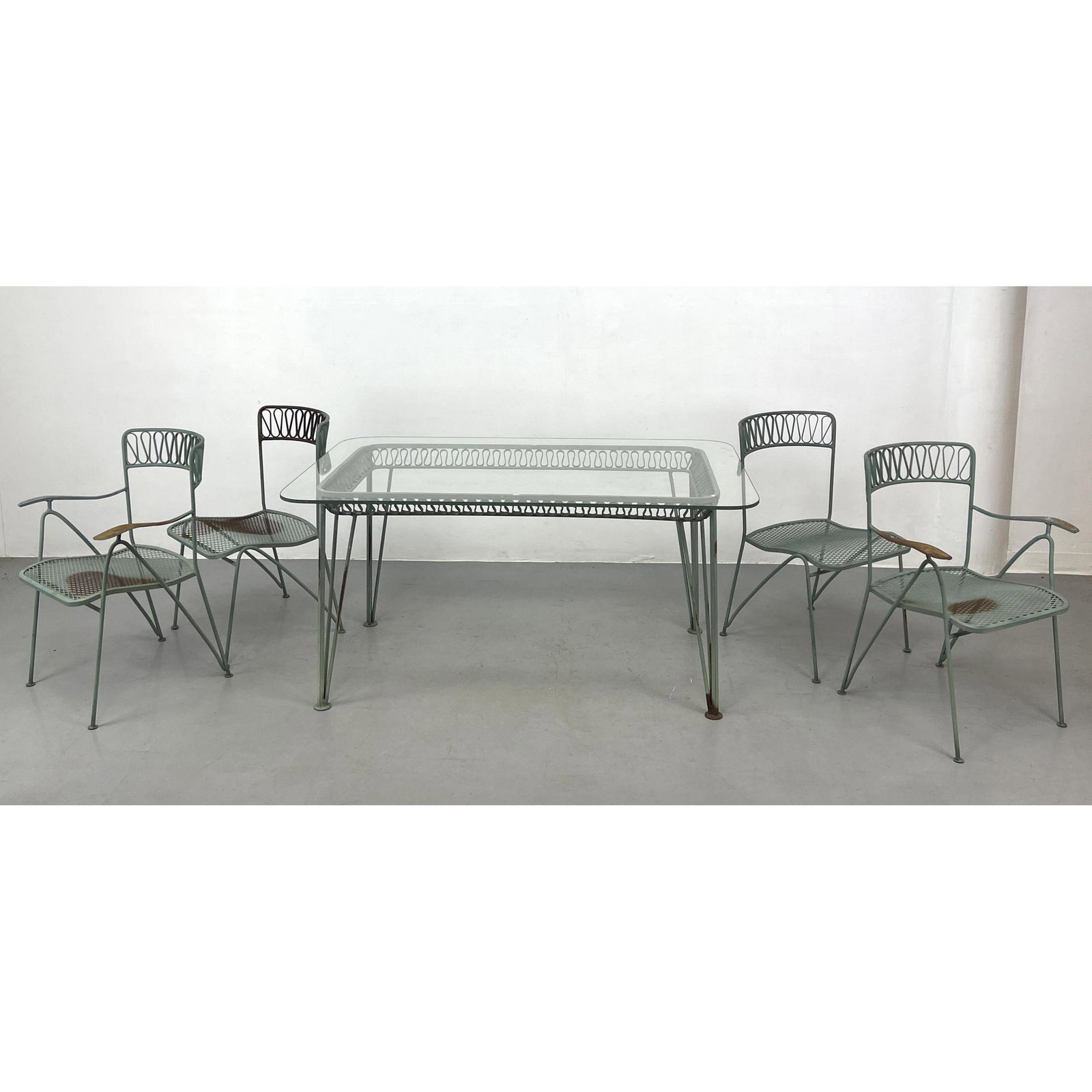 5pc Salterini Outdoor Iron Patio Dining Table Chairs. Glass Top Table. Two Arm and Two Side Chairs. (1 of 12)