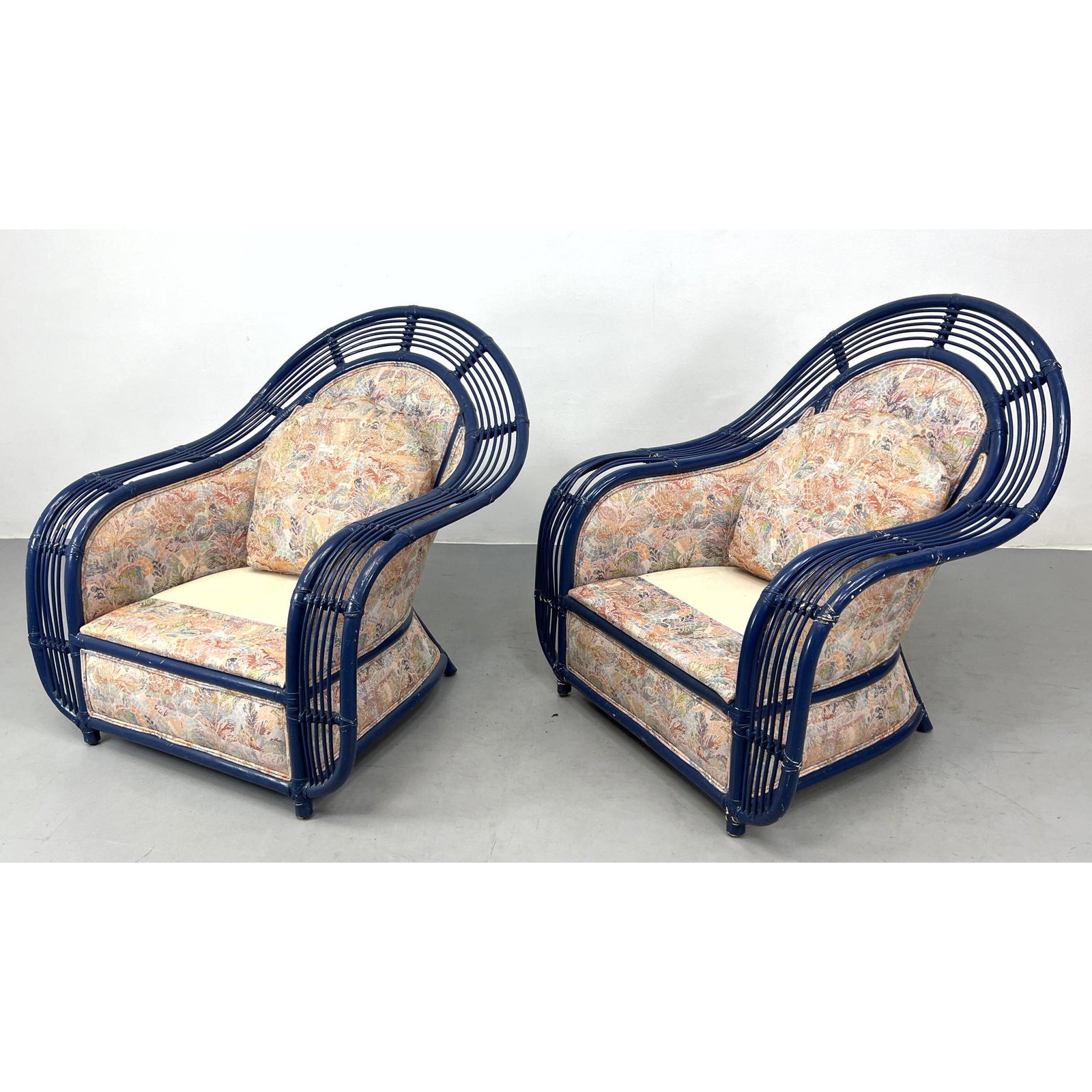 Pr Henry Olko style Bamboo and Rattan Arm Lounge Chairs. Wide Rattan Frames painted Blue. (1 of 13)