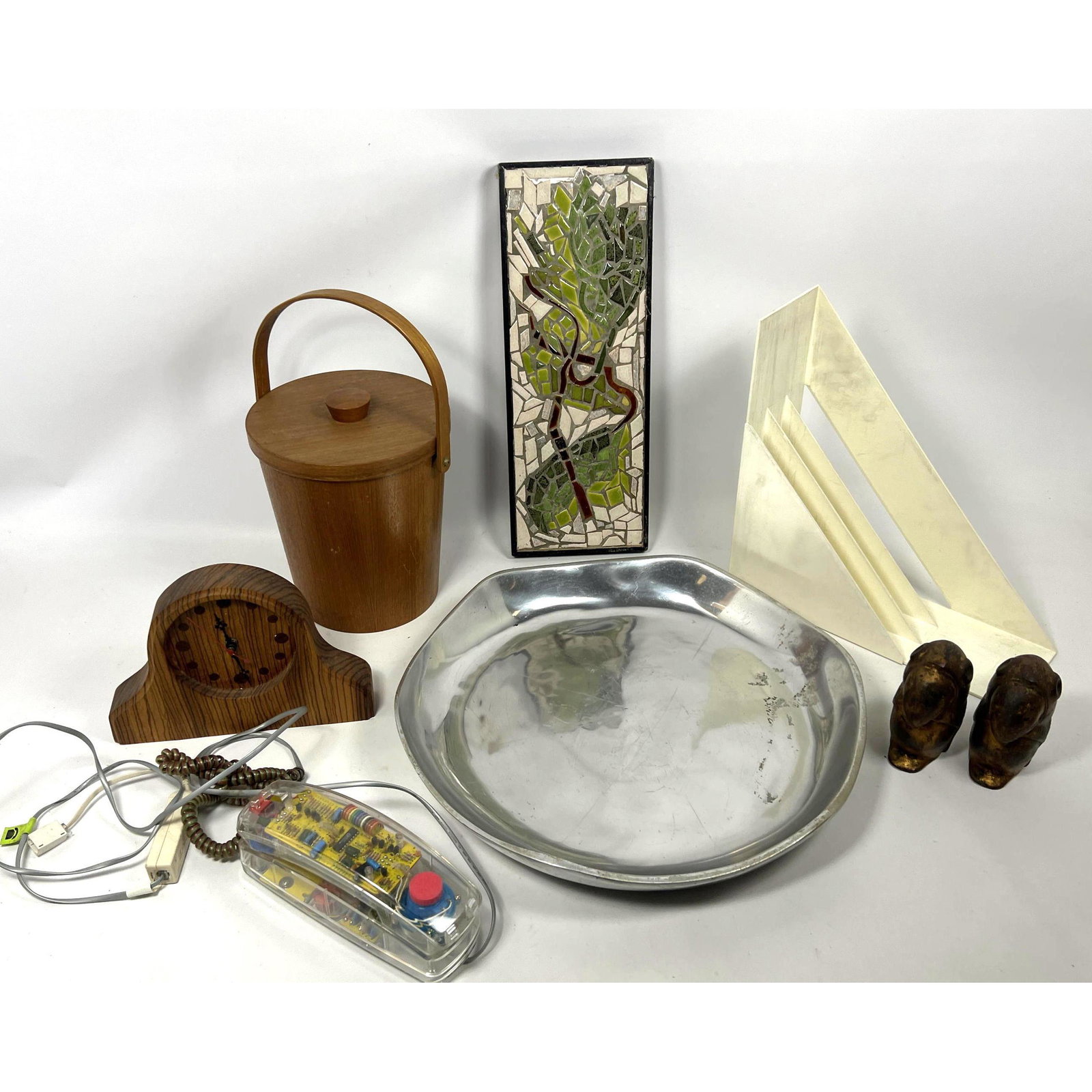 Mixed Medium Modernist Shelf Lot. Teak ice bucket. See thru phone. Woodworkers artisan clock. Mosaic (1 of 20)