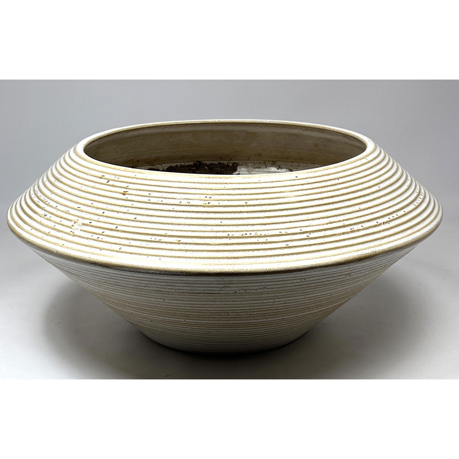 Modernist Glazed Pottery Planter. Ribbed Surface with Mottled Oatmeal Glaze. (1 of 6)