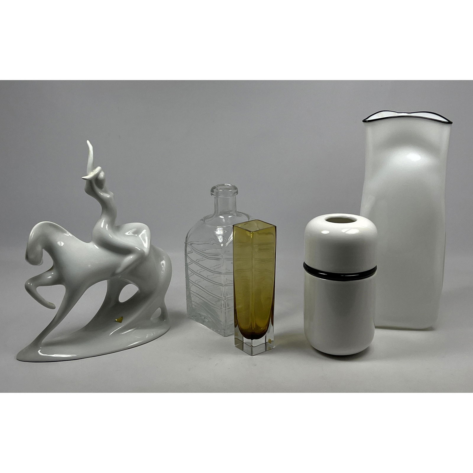 5pc Modern design shelf lot. ROYAL DUX Lady Godiva Figure. Cased Glass Vase and Clear glass Bottle. (1 of 20)