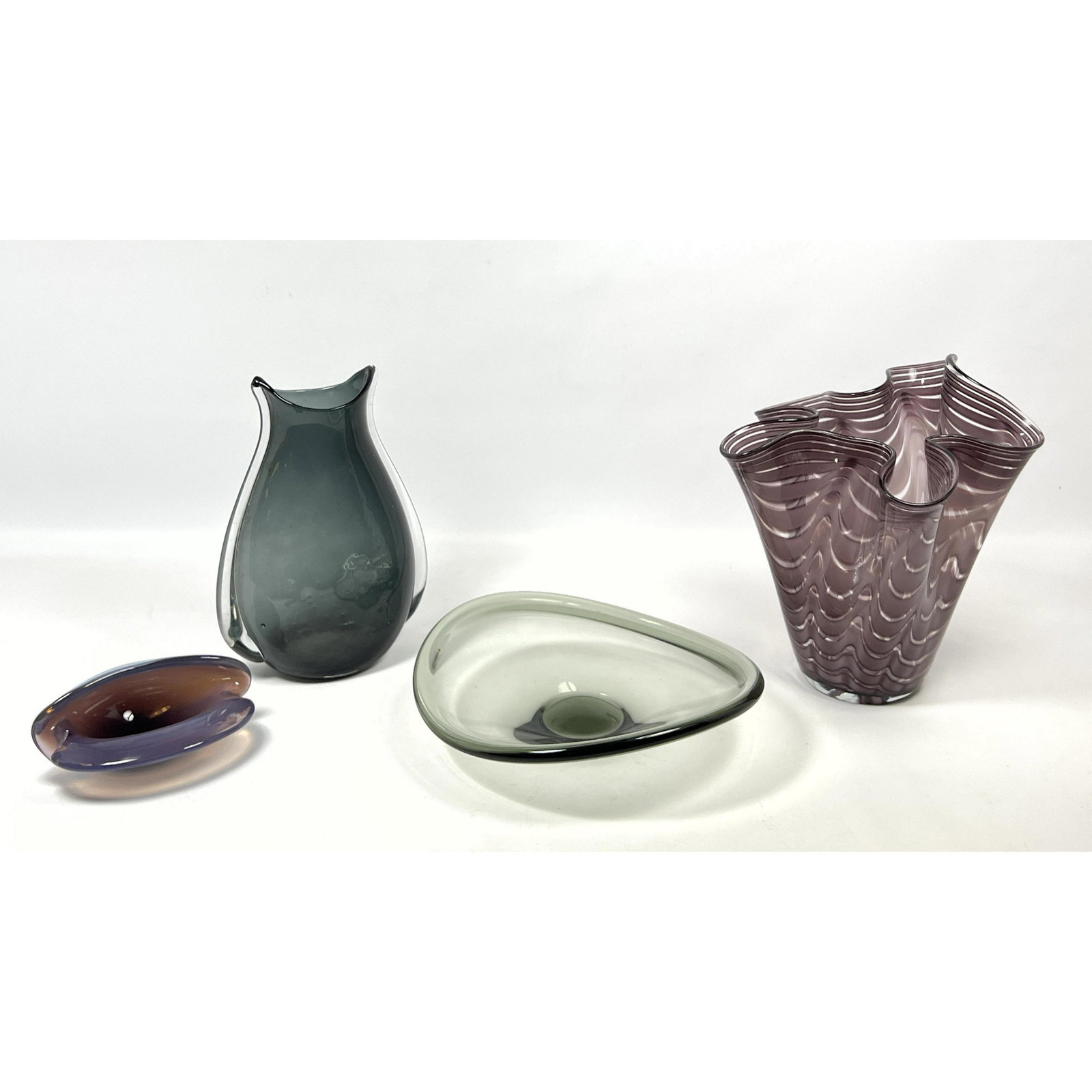 4pc Modern Design Art Glass Lot. HOLMEGAARD Shallow Bowl. Handkerchief vase. Clam shell form dish. T: 4pc Modern Design Art Glass Lot. HOLMEGAARD Shallow Bowl. Handkerchief vase. Clam shell form dish. Teardrop shaped vase. Dimensions: H: 10 inches: W: 10 inches: D: 8 inches --- US Shipping charge: In