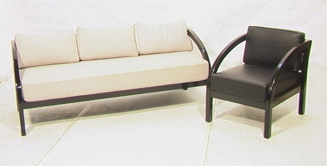2 PC Paul Frankl D Sofa and Club Chair Set.: 2 PC Paul Frankl Upholstered Sofa Club Chair Set. Art Deco Style Ebonized Wood Frame. Loose Upholstered Cushions. Unmarked.-- Dimensions: H: 27 inches: D: 31 inches: L: 70 inches