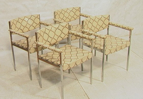 4 HARVEY PROBBER Arm Dining Chairs. Chromed Squar: 4 HARVEY PROBBER Arm Dining Chairs. Chromed Square Tubular Frames. Embroidered leather upholstery. Tagged. 4 PCS.-- Dimensions: H: 29.5 inches: W: 24 inches: D: 22 inches