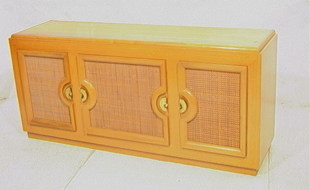 Paul Laszlo Credenza Sideboard Cabinet. Woven fr: Paul Laszlo Credenza Sideboard Cabinet. Woven front with brass handles. Unmarked. -- Dimensions: H: 81 inches: D: 19.5 inches: L: 72.5 inches