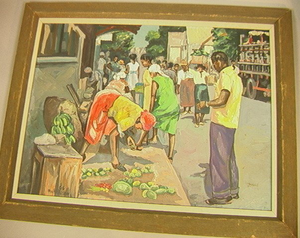 LLOYD VAN PITTERSON '66 Oil Canvas Painting. Isla: LLOYD VAN PITTERSON '66 Oil Canvas Painting. Island Caribbean Market Scene. Signed and dated. -- Dimensions: Image Size: H: 17.5 inches: W: 23.5 inches