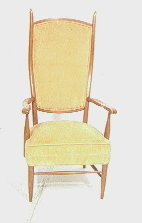 Tall Decorator Maple Frame Arm Chair. Upholstered: Tall Decorator Maple Frame Arm Chair. Upholstered. Sexy curved frame. -- Dimensions: H: 50 inches: W: 27 inches: D: 29 inches ---