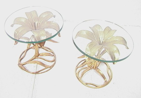 Pr ARTHUR COURT Gilt Floral Side Tables. 3/4" Gla: Pr ARTHUR COURT Gilt Floral Side Tables. 3/4" Glass Tops on Gilt Aluminum Flower Bases. 2 PCS.-- Dimensions: H: 17 inches: W: 19 inches ---