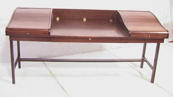 Edward Wormley DUNBAR Rosewood Mahogany Desk. Ame: Edward Wormley DUNBAR Rosewood Mahogany Desk. American Modern. Two Tambour Sides. Brass hardware and accents. Square Legs. Unmarked.-- Dimensions: H: 35 inches: D: 28 inches: L: 74.5 inches ---