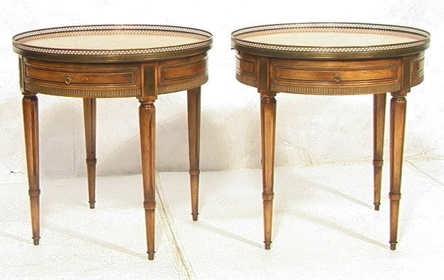 Pr French Decorator RUDER, NY Side Tables. Brass: Pr French Decorator RUDER, NY Side Tables. Brass Inlay and Gallery. Pull out trays. Brass capped feet. 2 PCS.-- Dimensions: H: 28.5 inches: W: 28.5 inches: D: 28.5 inches ---
